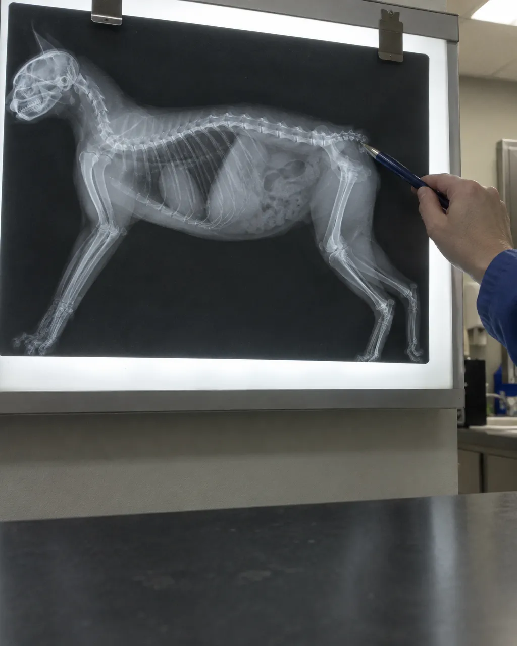 El gato sin cola de la isla de Man guarda un gen que no perdona dos copias 4 Radiografía lateral de un gato sin cola en el negatoscopio de una clínica veterinaria: la columna termina de golpe a la altura de la cadera, con unas pocas vértebras cortas e irregulares.