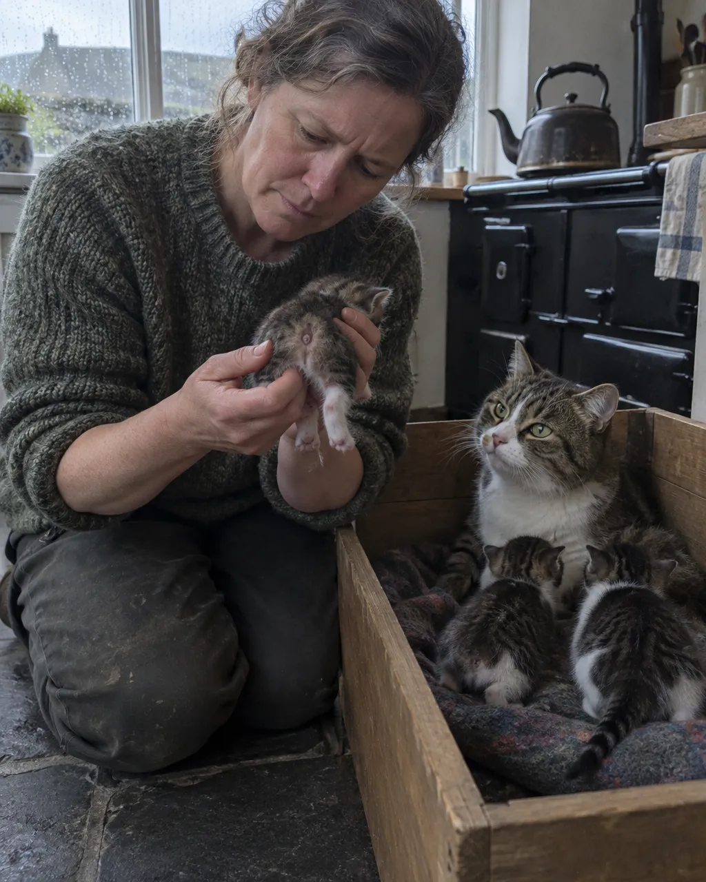 El gato sin cola de la isla de Man guarda un gen que no perdona dos copias 5 Una persona criadora, arrodillada en el piso de piedra de una cocina de granja, sostiene a un gatito recién nacido para mirarle la parte trasera junto a una caja de madera donde descansa la madre sin cola.