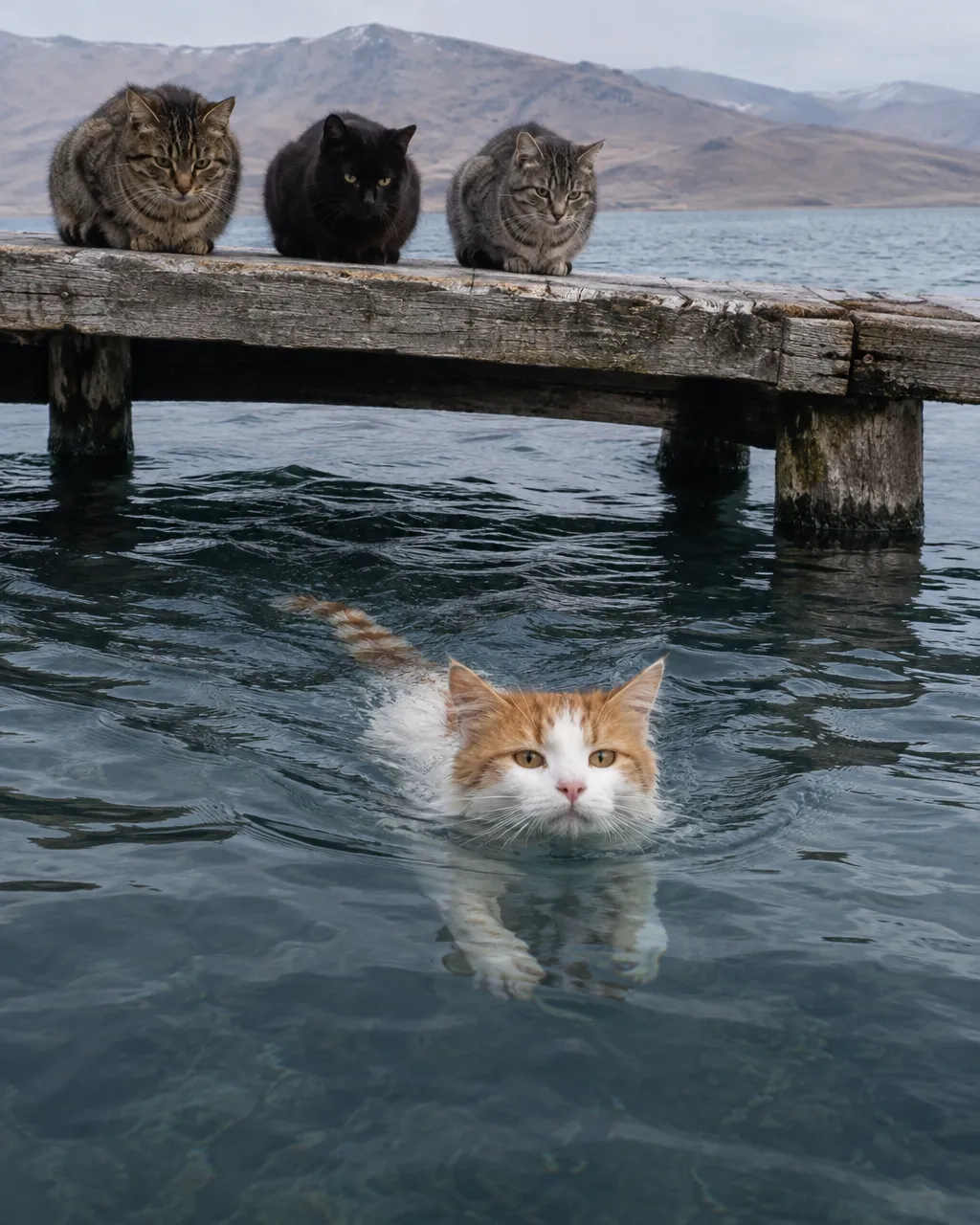 El gato turco de Van, el felino que se mete al agua por gusto 3 Tres gatos sentados en fila, secos, en el borde de un viejo muelle de madera sobre el lago Van, bajo un cielo nublado