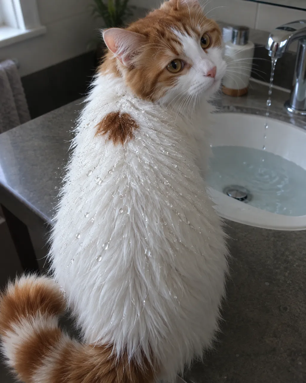 El gato turco de Van, el felino que se mete al agua por gusto 5 Gato blanco de pelo semilargo sobre la encimera de un baño, visto desde arriba y por detrás, con gotas de agua sobre el lomo y los hombros