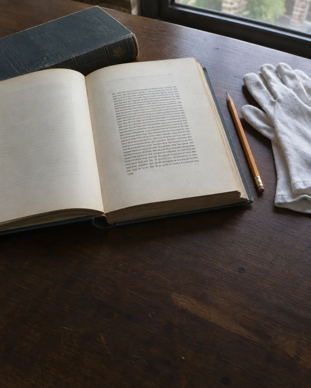 Enferma y de luto, Florence Nightingale le confesó a su madre quién le lamía las lágrimas 4 Biografía antigua de tapas de tela abierta sobre un escritorio de madera, con una carta citada en letra pequeña, un lápiz y un par de guantes blancos de algodón