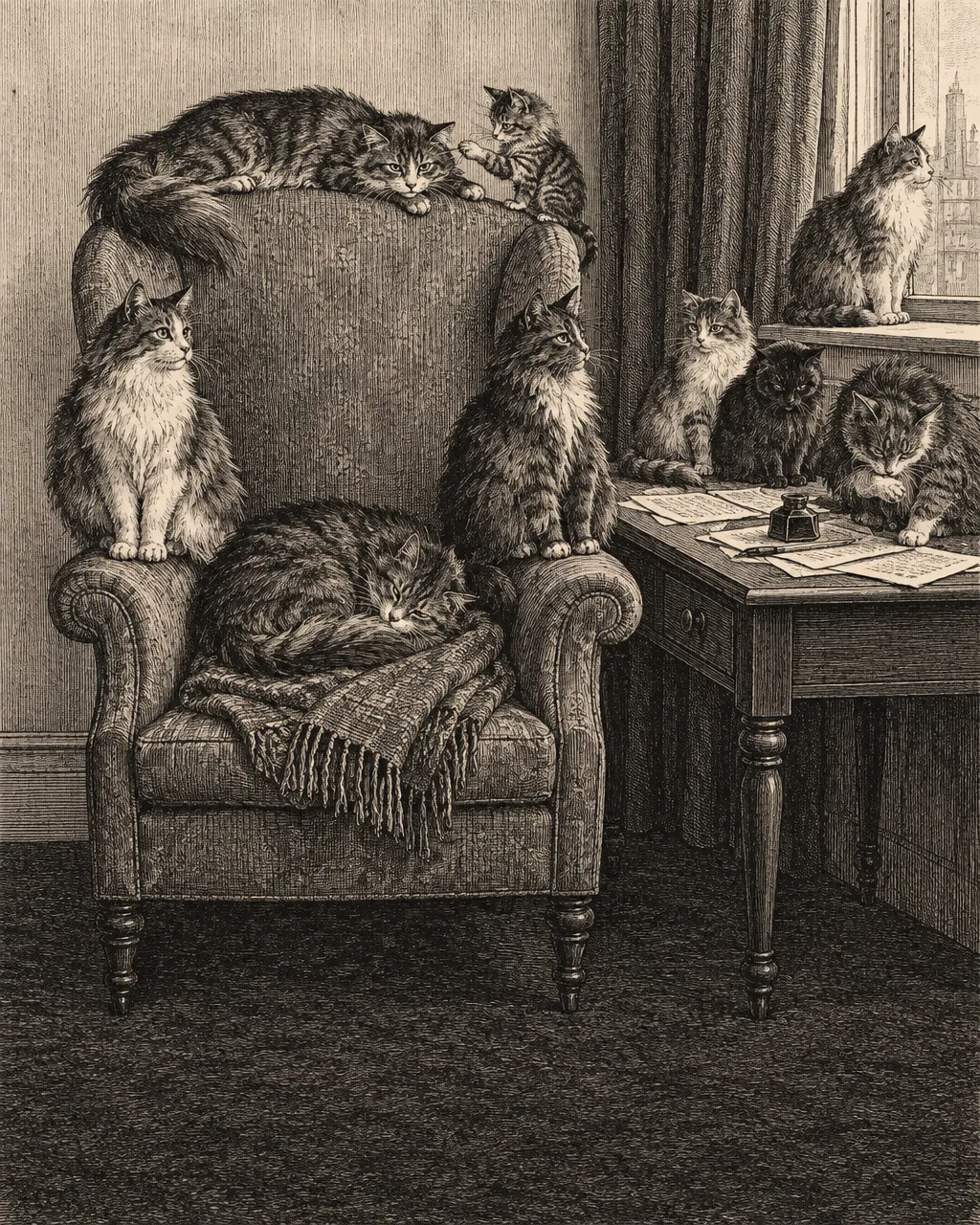 Enferma y de luto, Florence Nightingale le confesó a su madre quién le lamía las lágrimas 6 Grabado de estilo victoriano: un sillón de respaldo alto en una sala londinense sencilla, ocupado por completo por una docena de gatos de pelo largo