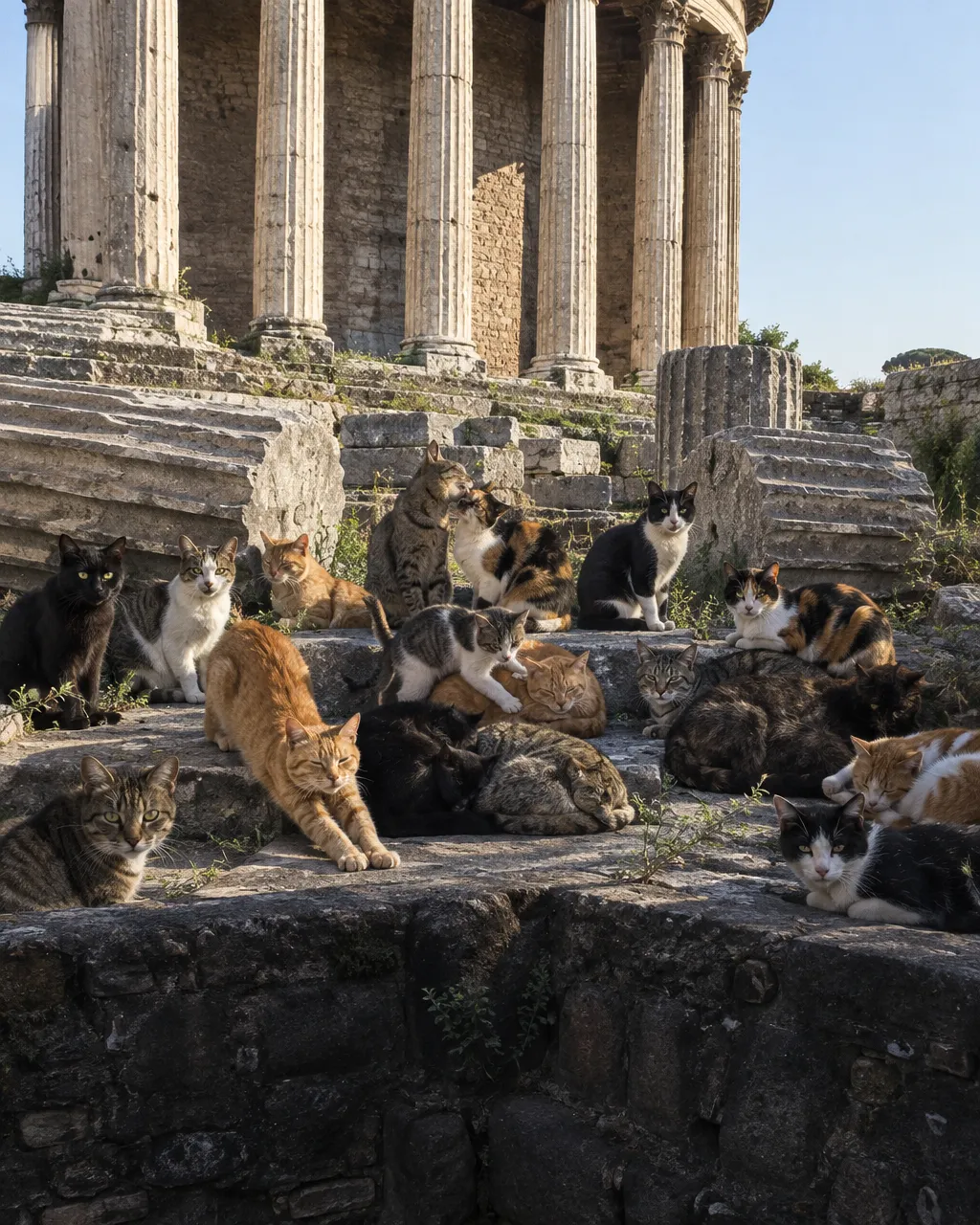 Donde apuñalaron a Julio César, hoy viven los gatos que Roma abandonó 4 Una multitud de gatos de pelajes mezclados, atigrados, negros y naranjas, al fondo de una excavación romana vista desde la baranda de la calle