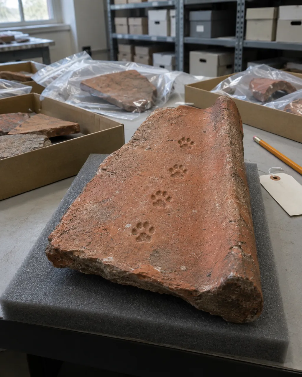 Fragmento de teja romana de terracota anaranjada, con el borde roto, sobre una mesa gris de un depósito de museo; en su superficie se ven pequeñas huellas de pata