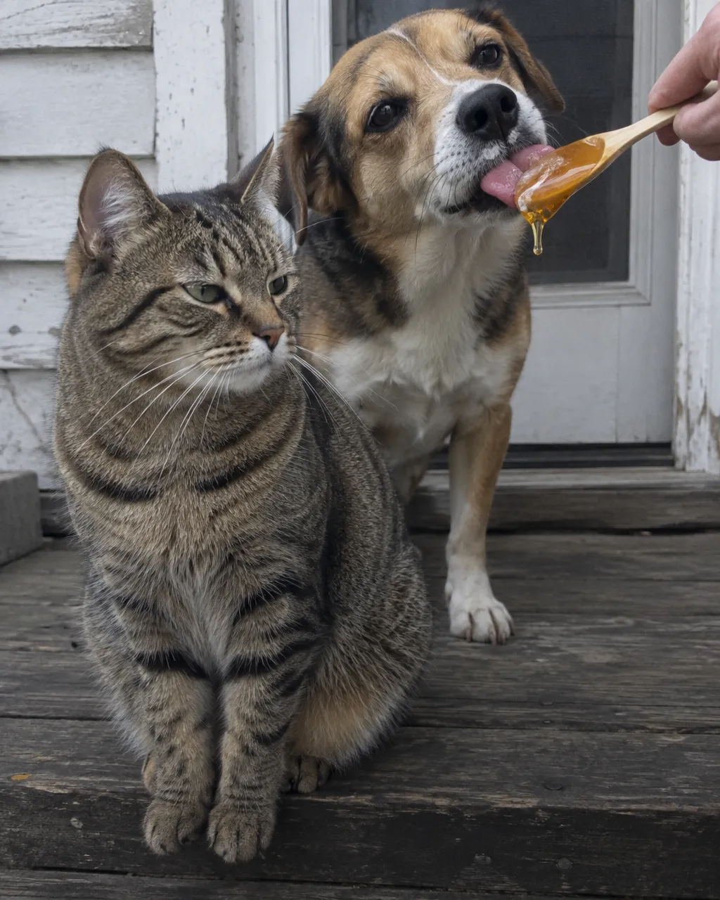 Tu gato casi seguro nunca ha sentido el sabor dulce, y no es capricho 3 Gato atigrado sentado en primer plano en el escalón de madera de una casa, con la cabeza girada y expresión aburrida, mientras detrás un perro lame una cuchara de miel que le ofrece una mano