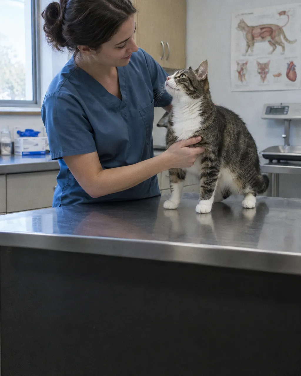 Tu gato nació con una enzima para digerir la leche y la fue perdiendo al crecer 4 En un consultorio veterinario, una persona con ropa quirúrgica palpa con suavidad el abdomen de un gato adulto tranquilo sobre una mesa de acero inoxidable.
