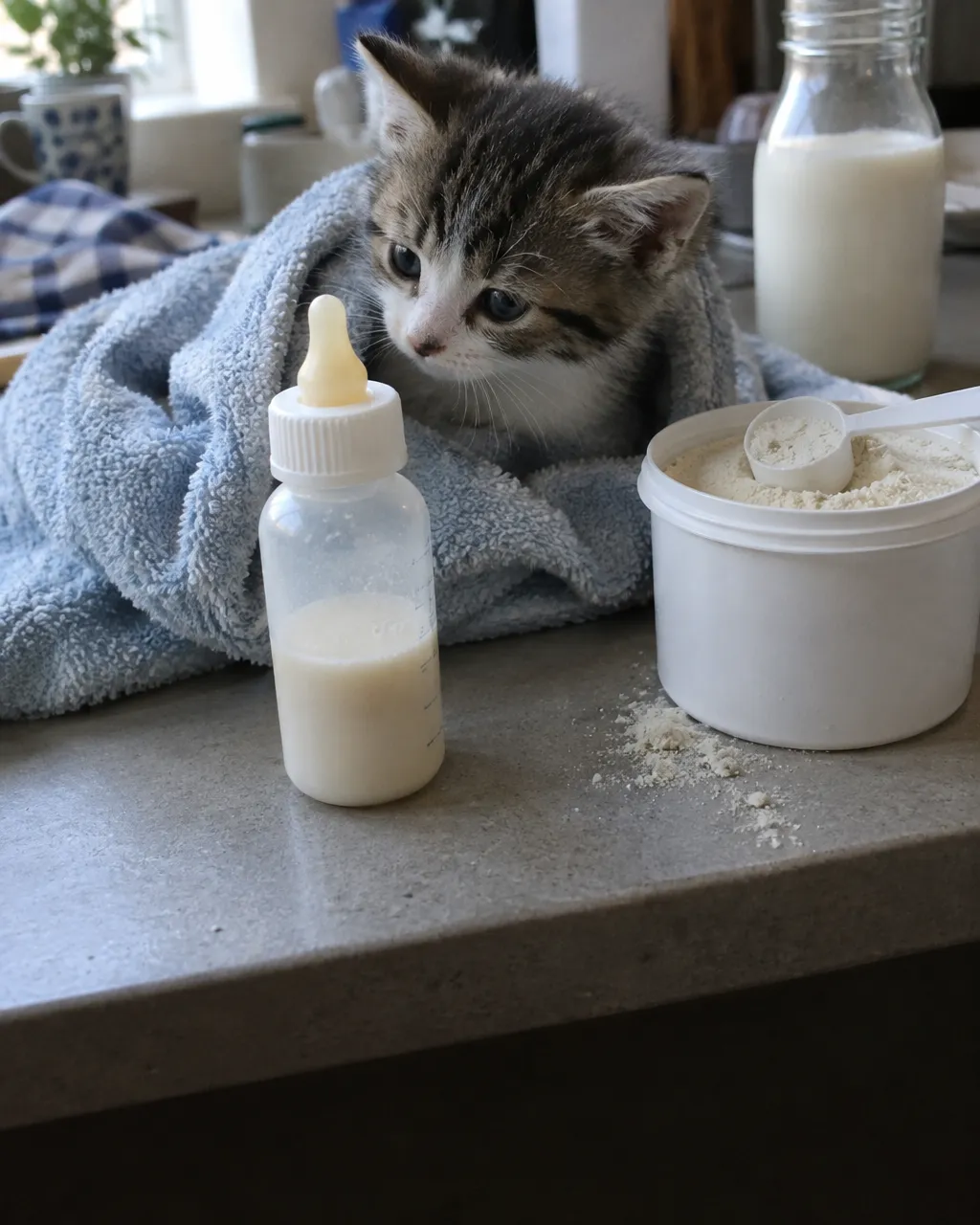 Tu gato nació con una enzima para digerir la leche y la fue perdiendo al crecer 5 Sobre la barra de una cocina, un biberón pequeño para gatitos lleno a medias de sustituto lácteo, junto a un envase de fórmula en polvo con su cuchara medidora.
