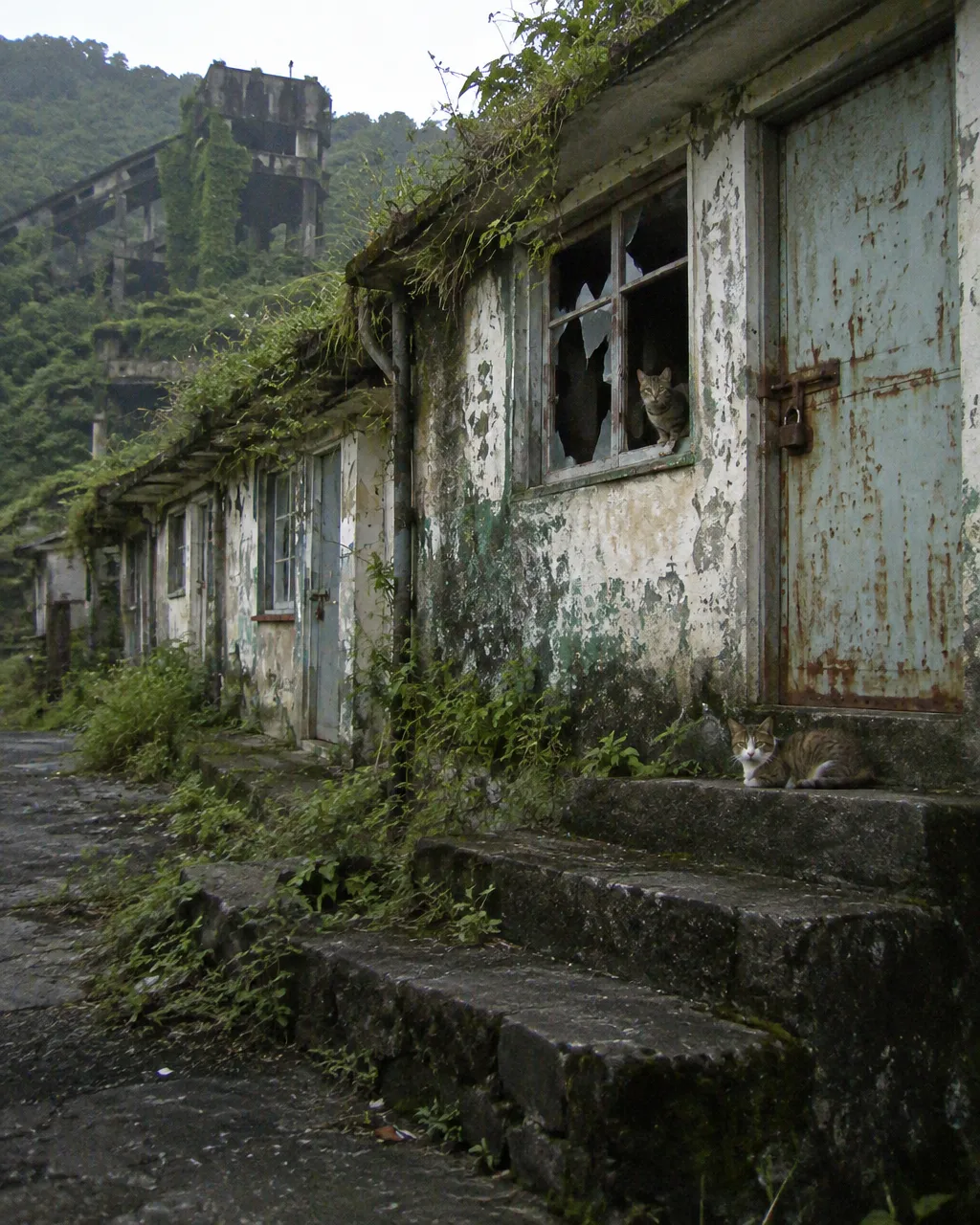 Se acabó el carbón y se fueron las familias: los gatos abandonados que revivieron un pueblo minero de Taiwán 2 Fila de casas mineras abandonadas con la pintura descascarada, puertas oxidadas con candado, maleza en los canalones y vidrios rotos; un gato atigrado y delgado está solo en la calle vacía.