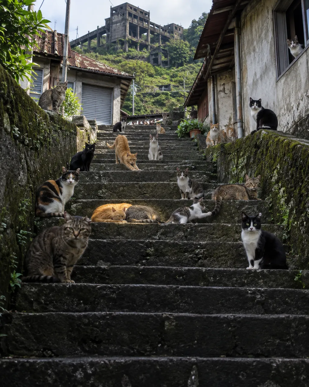 Se acabó el carbón y se fueron las familias: los gatos abandonados que revivieron un pueblo minero de Taiwán 3 Vista desde abajo de una escalera de piedra larga y estrecha que sube por una ladera, ocupada por más de una docena de gatos domésticos de colores mezclados: atigrados, tricolores, negros, naranjas y blanco con negro.