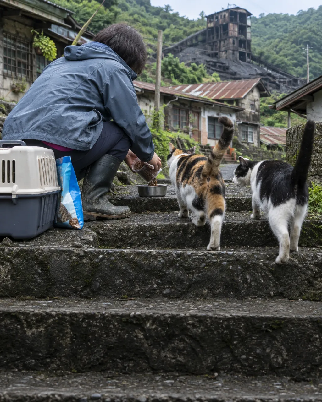 Se acabó el carbón y se fueron las familias: los gatos abandonados que revivieron un pueblo minero de Taiwán 4 Persona voluntaria con chaqueta impermeable desteñida y botas de goma, vista de lado y sin que se le vea la cara, agachada en unos escalones de piedra mientras sirve alimento seco en un tazón de metal junto a dos gatos adultos.