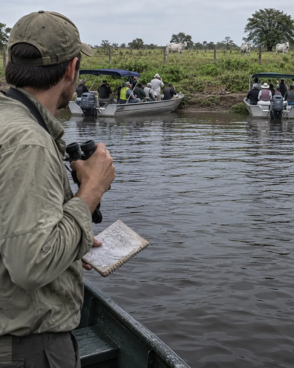 Los ganaderos del Pantanal querían muerto al jaguar, hasta que alguien sacó la cuenta 3 Persona investigadora de pie en una lancha en un río del Pantanal, con binoculares en una mano y una libreta de campo mojada en la otra, mirando hacia la orilla