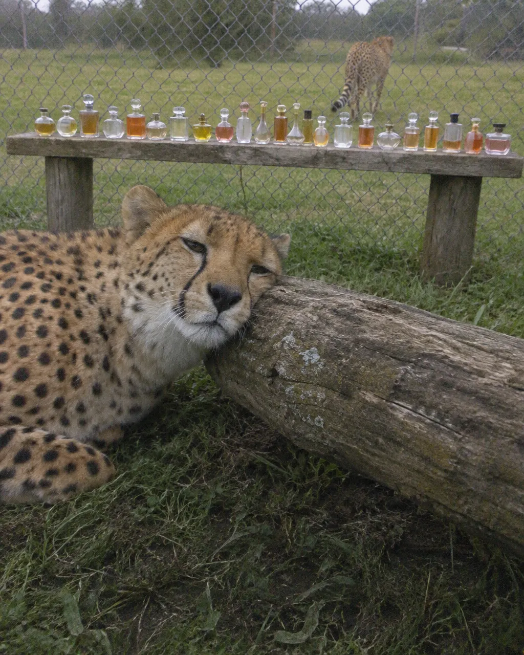 Por qué unos biólogos rociaban perfume de hombre en la selva de los jaguares de Guatemala 3 Guepardo adulto echado en la hierba de un recinto de zoológico, frotando la mejilla contra un tronco bajo y desgastado