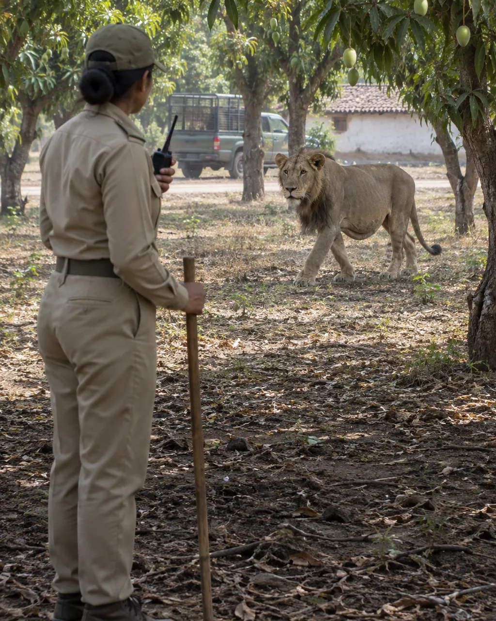 Todos los leones salvajes de Asia descienden de un solo bosque de la India 4 Guardia forestal con uniforme caqui, vista de espaldas y de tres cuartos, con un radio en la mano al borde de un bosque seco, con luz de media tarde