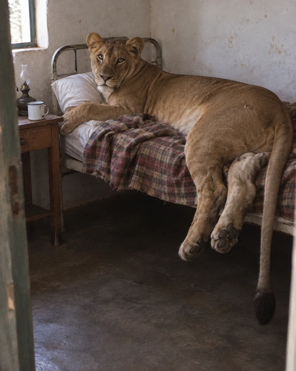Elsa, la leona que dormía en una cama y aprendió a ser salvaje 3 Leona joven, casi adulta, dentro de un dormitorio sencillo de paredes encaladas, vista desde la puerta con luz de una ventana lateral