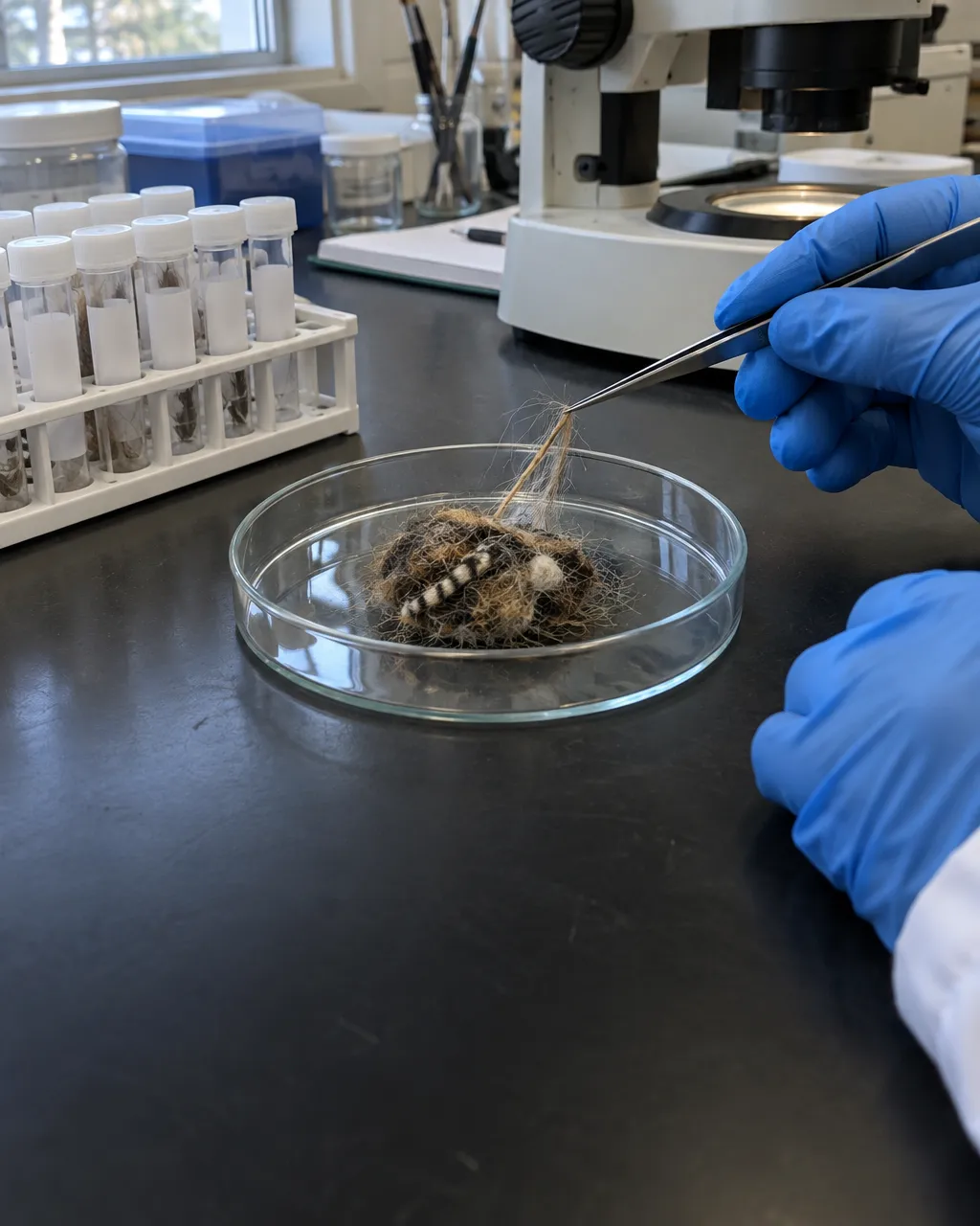 Los leones de Tsavo guardaron durante 126 años una prueba dentro de sus dientes rotos 6 Placa de Petri sobre una mesa de laboratorio con un mechón denso de pelos compactados de varios colores