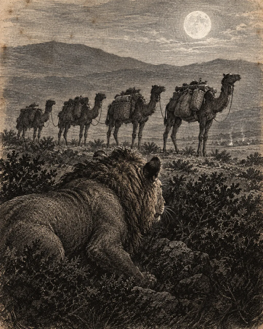 Hubo leones salvajes en Grecia, y cada noche atacaban solo a los camellos de Jerjes 3 Ilustración en estilo de grabado antiguo: un león de melena corta agazapado entre matorrales y rocas bajo la luna, con camellos de carga al fondo