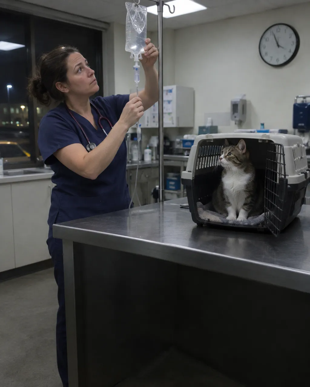 La flor de florero que puede matar a un gato en menos de tres días 5 Personal de urgencias veterinarias cuelga una bolsa de fluidos intravenosos en un soporte metálico junto a una mesa de acero, en una clínica de noche