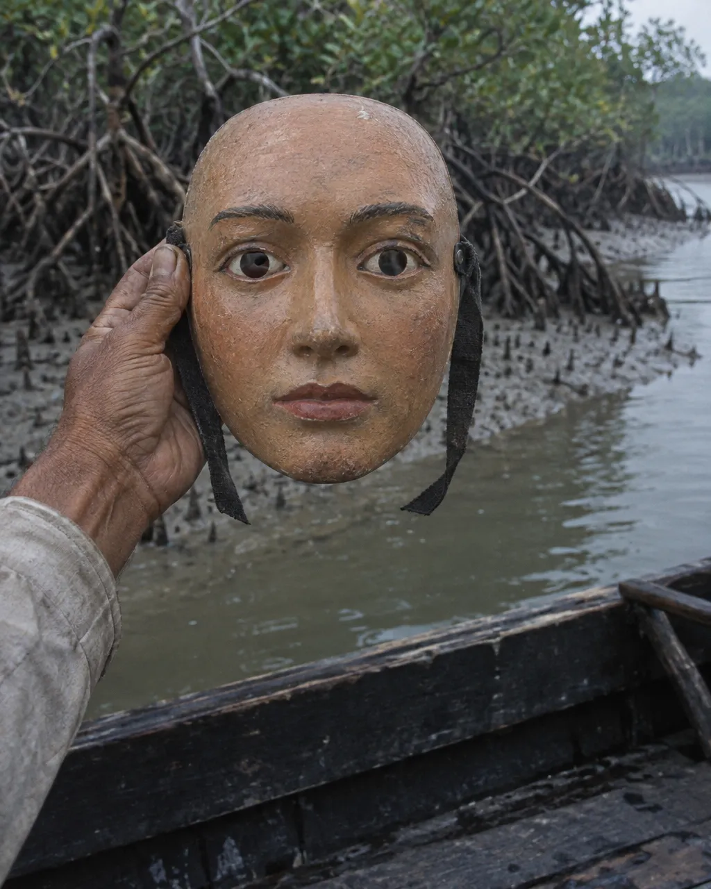 Una cara de goma en la nuca: el plan para engañar al tigre de los Sundarbans 4 Una mano curtida sostiene, junto al borde de un bote de madera, una máscara de rostro humano con correa y los ojos abiertos