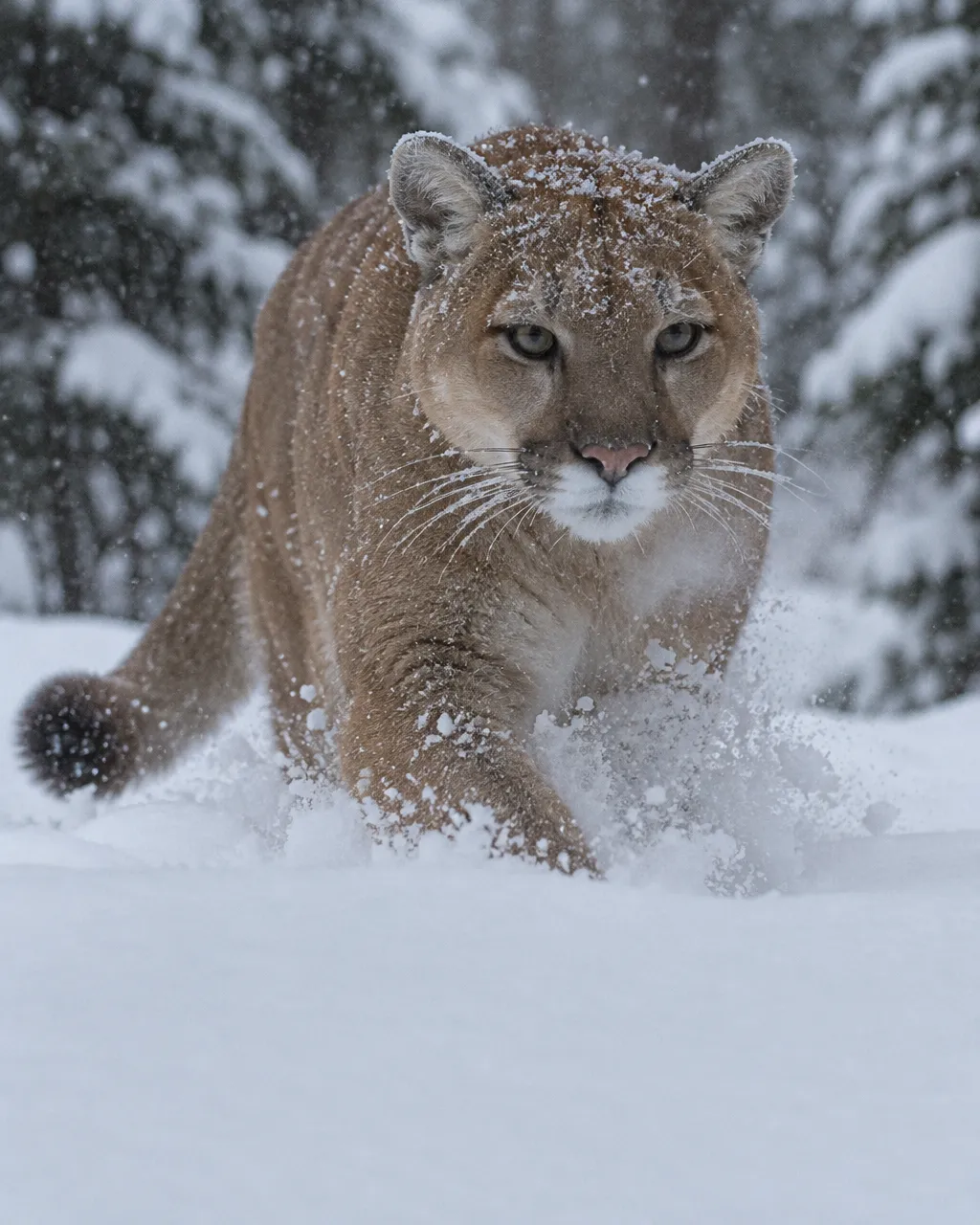 Un puma adulto de pelaje pardo y uniforme avanza hacia la cámara hundido en nieve profunda, en un bosque boreal durante una nevada ligera