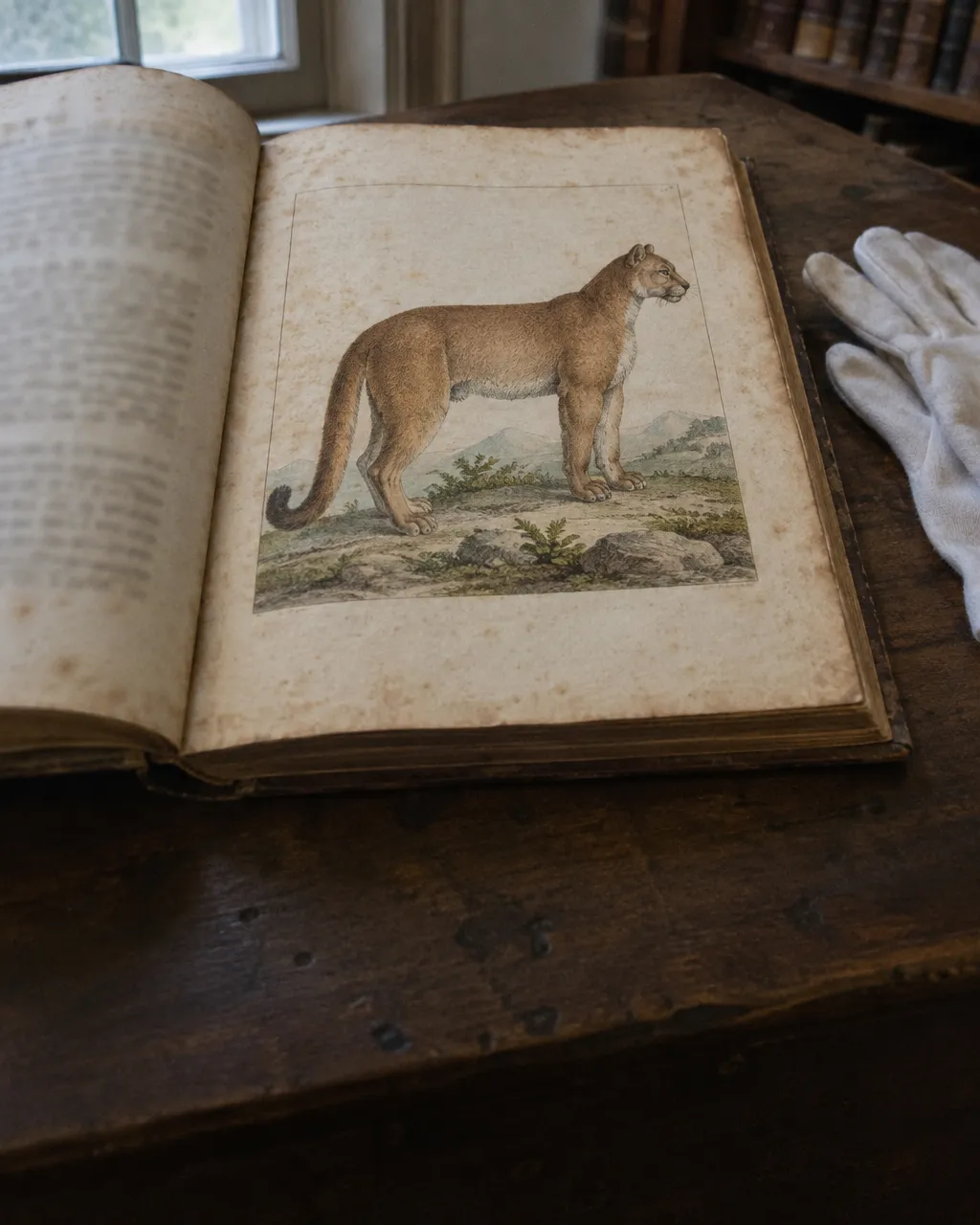 Un libro antiguo de historia natural abierto sobre una mesa de madera gastada en una biblioteca, con un grabado coloreado a mano de un puma de perfil en la página derecha