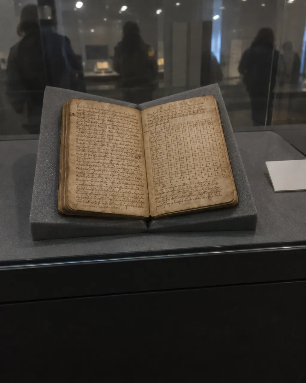 Pangur Bán: el poema que un monje sin nombre escribió a su gato hace 1.200 años, y que aún existe 4 Pequeño cuaderno medieval de pergamino abierto dentro de una vitrina baja, con las esquinas redondeadas y las hojas oscurecidas y manchadas