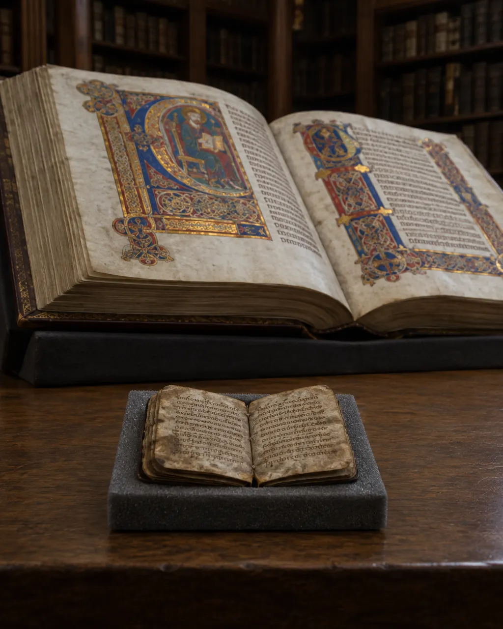 Pangur Bán: el poema que un monje sin nombre escribió a su gato hace 1.200 años, y que aún existe 5 Pequeño cuaderno de pergamino abierto sobre un soporte de espuma gris, en una mesa de madera de una antigua biblioteca de monasterio