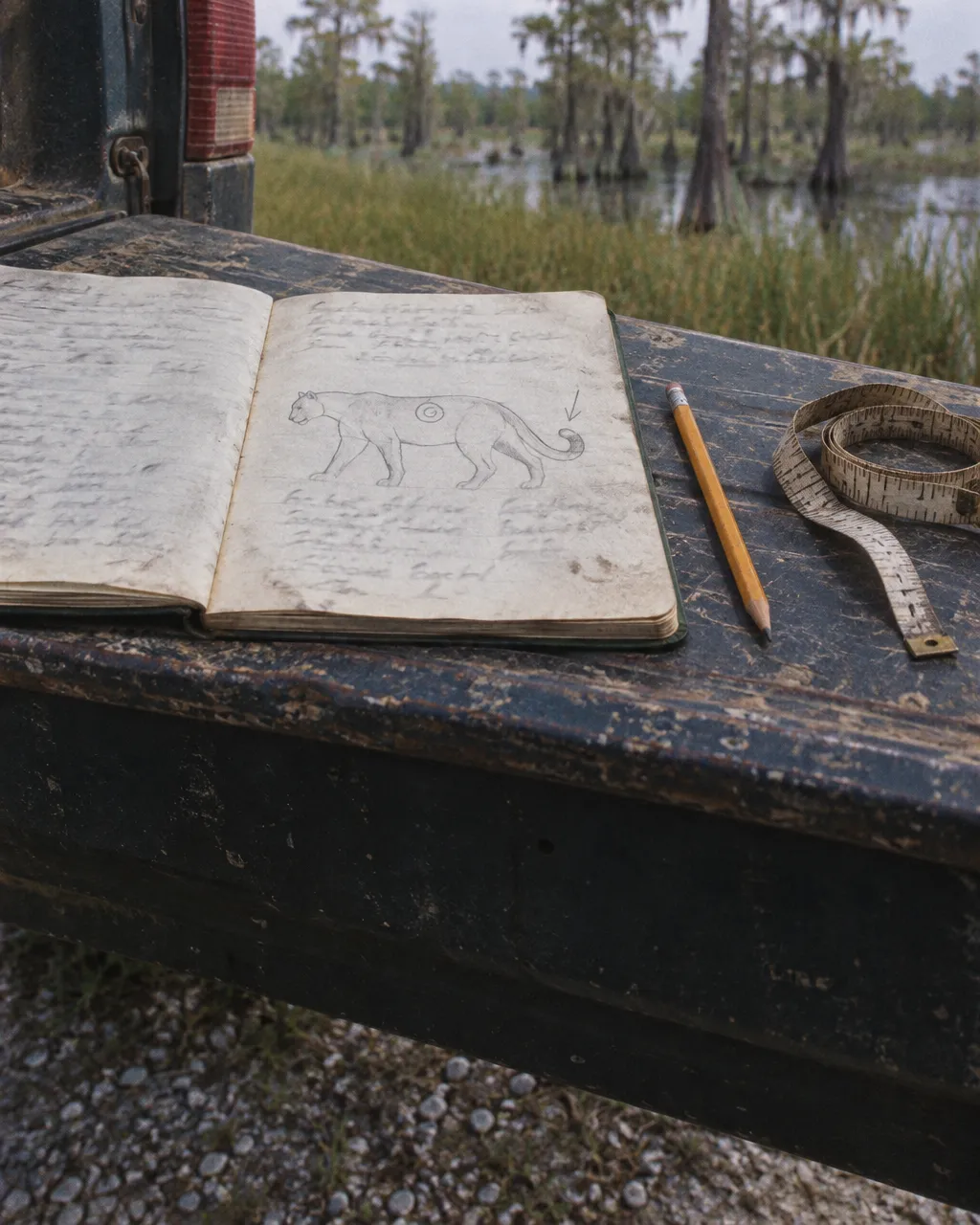 Cuaderno de campo abierto sobre la compuerta polvorienta de una camioneta, al borde de un pantano de cipreses, con el boceto a lápiz de la silueta de un felino grande