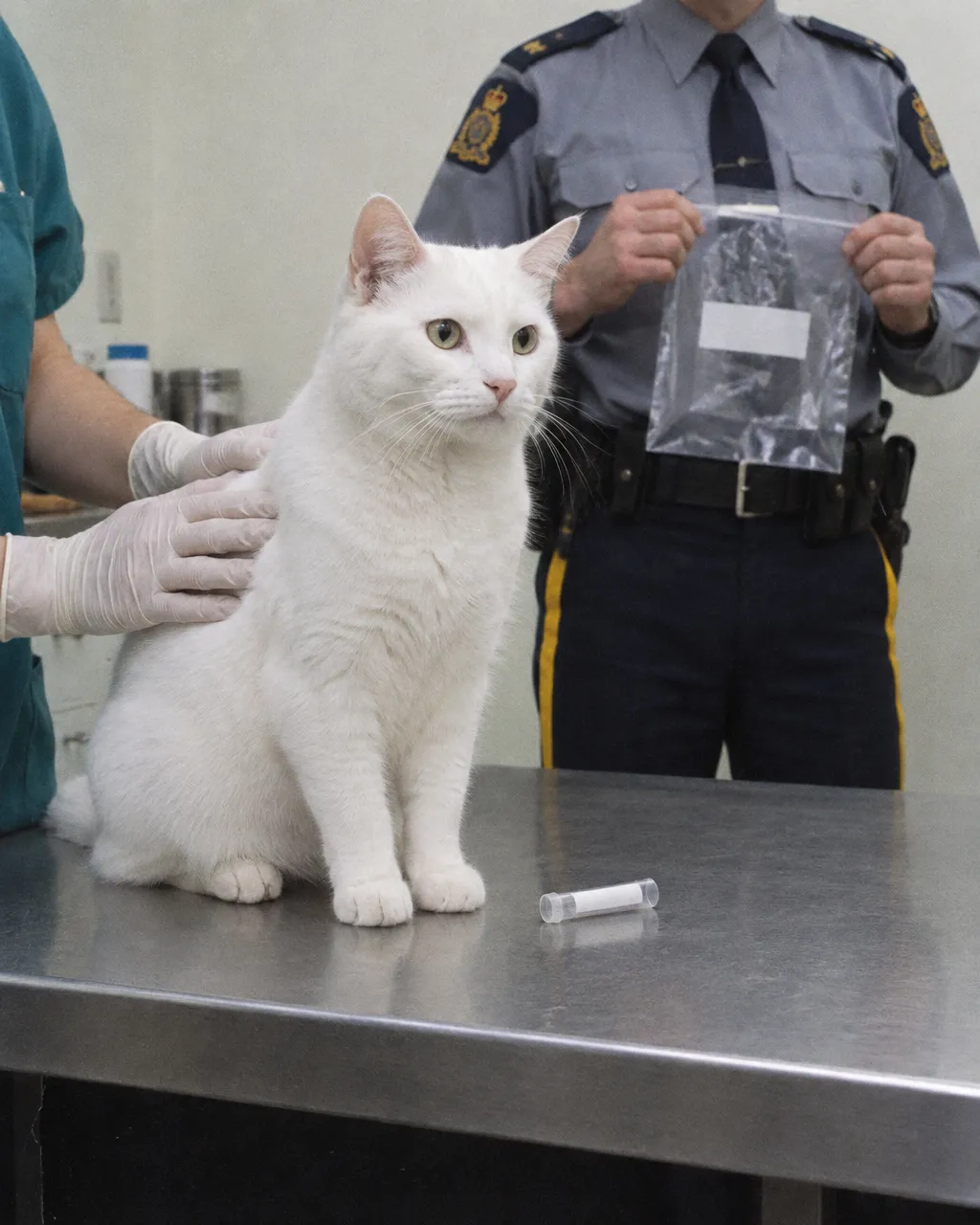 Snowball, el gato cuyo pelo llevó por primera vez el ADN animal a un juicio por asesinato 4 Gato blanco de pelo corto, tranquilo y alerta, sentado sobre una mesa de exploración de acero inoxidable en una pequeña clínica veterinaria rural, con unas manos enguantadas apoyadas cerca