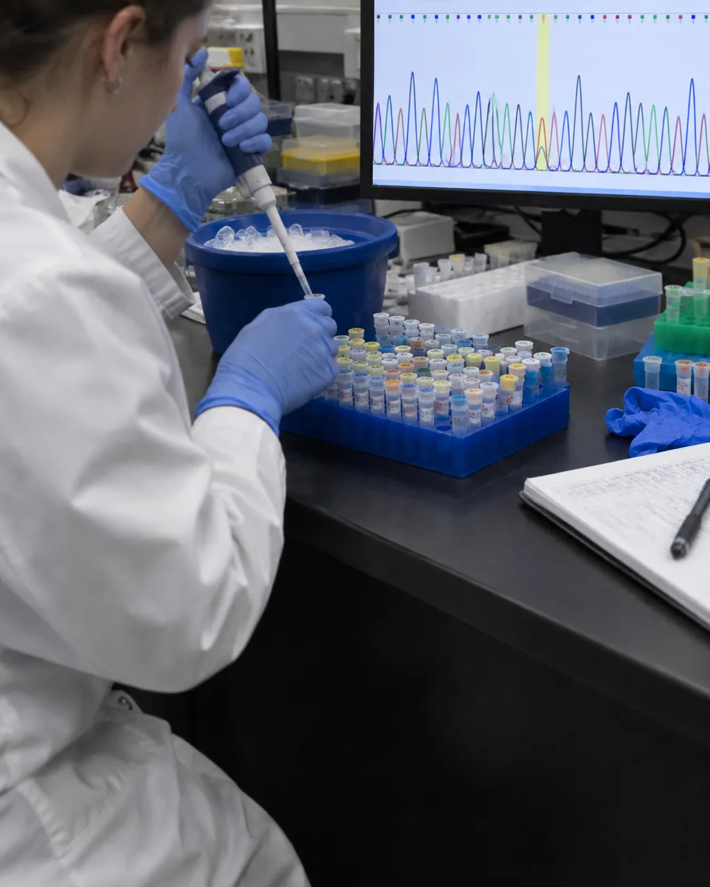 Genetista con bata blanca usa una pipeta sobre una gradilla con decenas de tubos de muestras, junto a un monitor con una secuencia de ADN