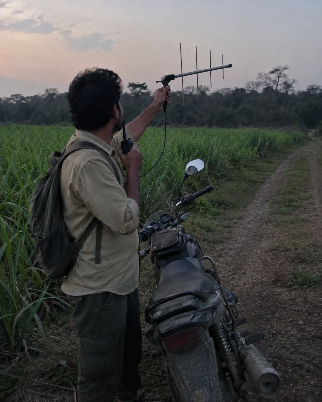 Técnico de campo con camisa caqui que sostiene una antena de radiotelemetría junto a una moto, en un camino de tierra entre cañaverales, al atardecer
