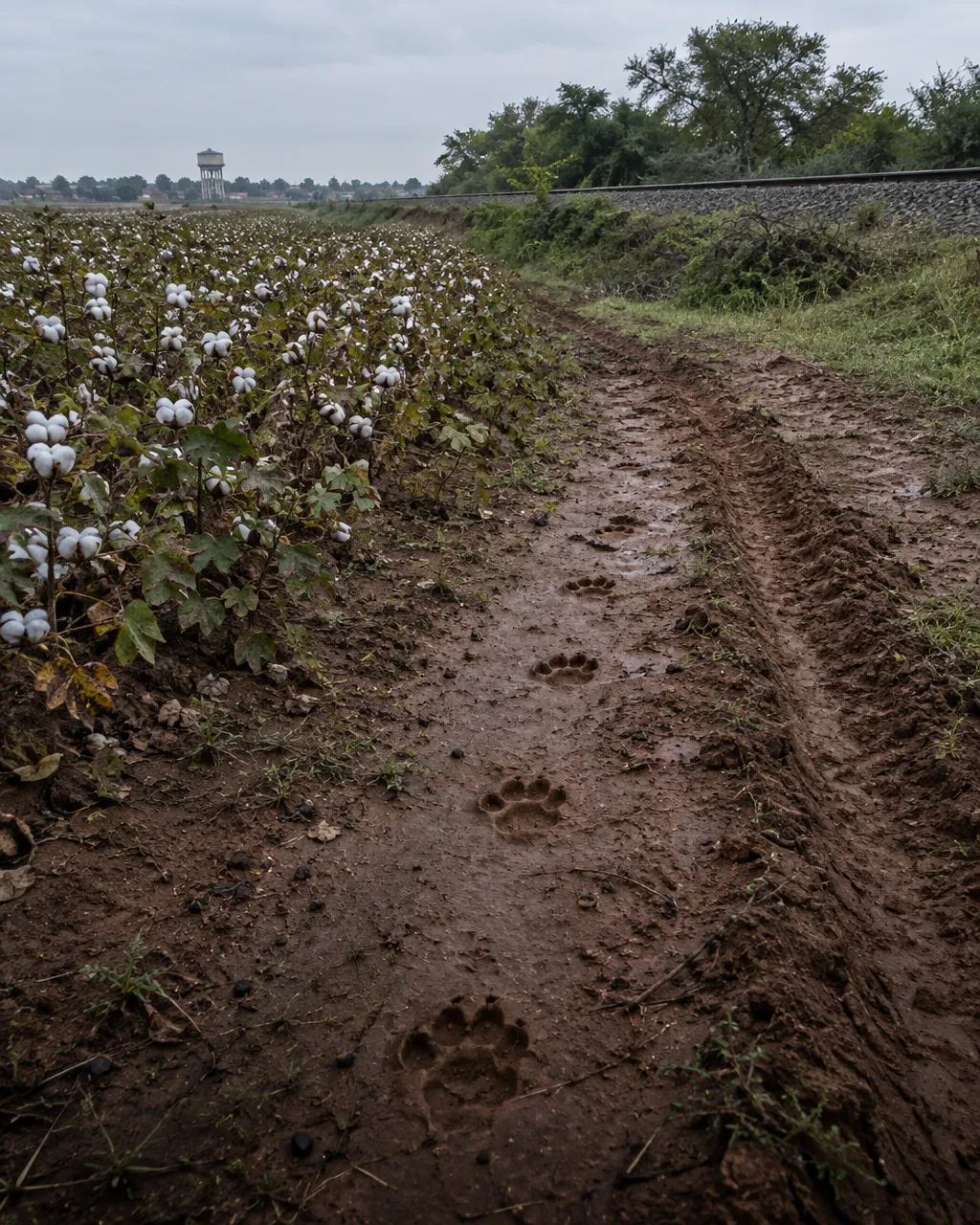 Hilera de huellas frescas de tigre en el barro rojizo de un camino de tractor, junto a un campo de algodón, que se dirigen a un terraplén de vía férrea y a un parche de matorral