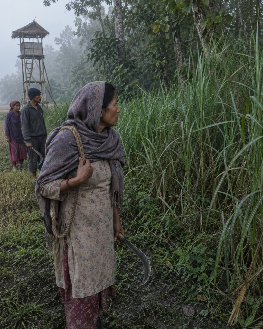 Nepal casi triplicó sus tigres salvajes y la selva se le quedó pequeña 5 Mujer de una aldea del sur de Nepal con una hoz en la mano y una cuerda vacía al hombro, de pie en una mañana brumosa justo donde empieza el bosque