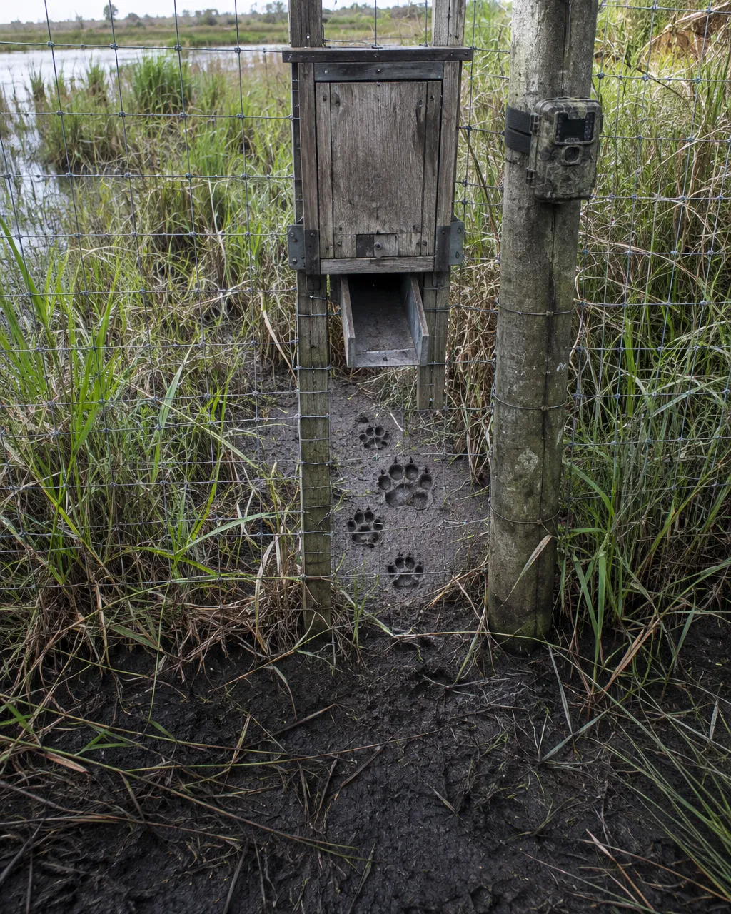 Para devolver el yaguareté al Iberá, sus cuidadores aprendieron a no dejarse ver 4 Alambrado alto de un recinto entre pajonales al borde de una laguna, con una pequeña compuerta de madera para la comida